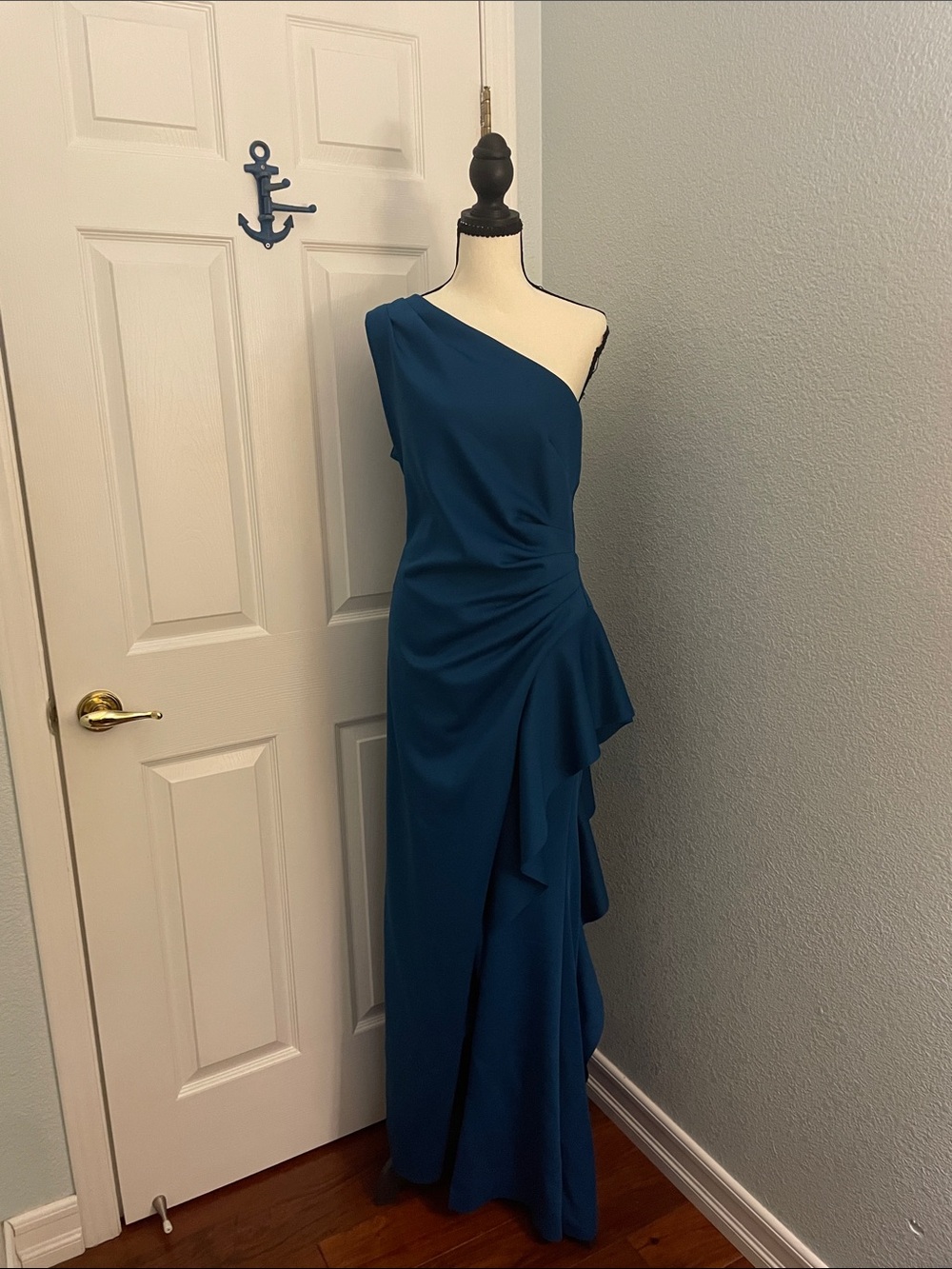 Escape One-Shoulder Teal Evening Gown with Draped Ruffle, worn once, has tags